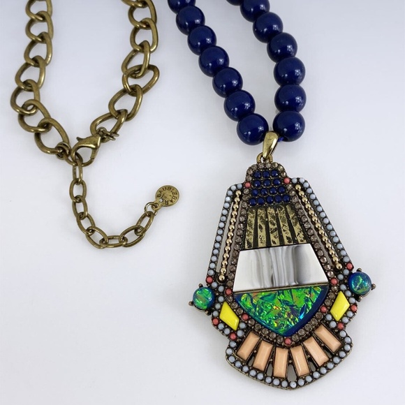 BAUBLEBAR Antiqued Gold-Tone Beaded Multi-Stone Deco Style Pendant Necklace - Picture 2 of 3